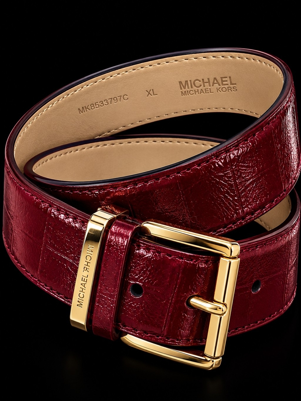 MICHAEL KORS Burgundy Patent Synthetic Belt Gold Buckle XL NWT